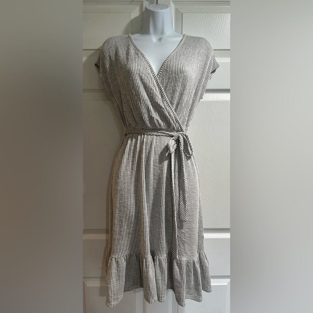 Caution to the Wind Striped Gray Wrap Dress